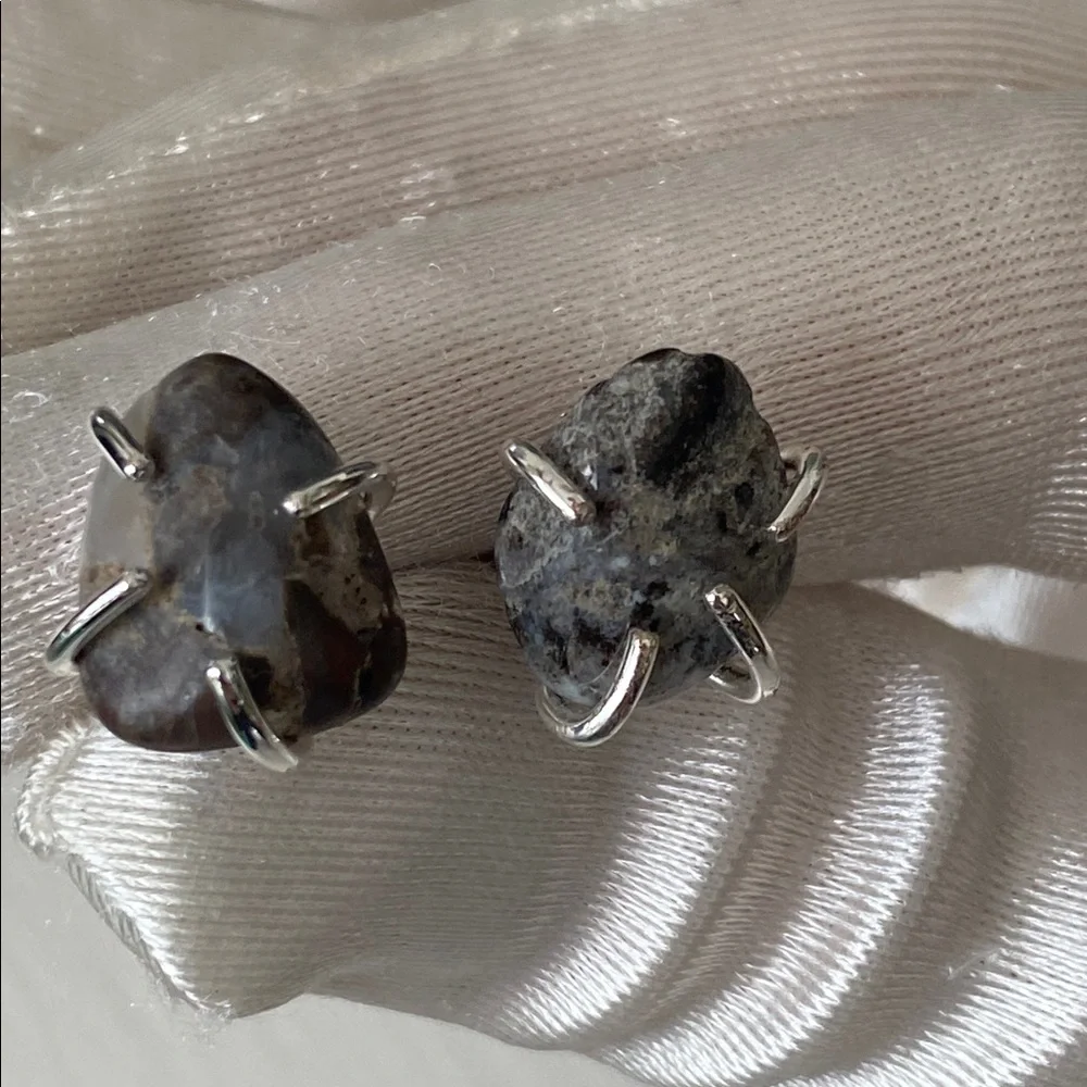 Handmade Raw Black Gray Agate Stud Earrings 925 Sterling Silver Long Prong